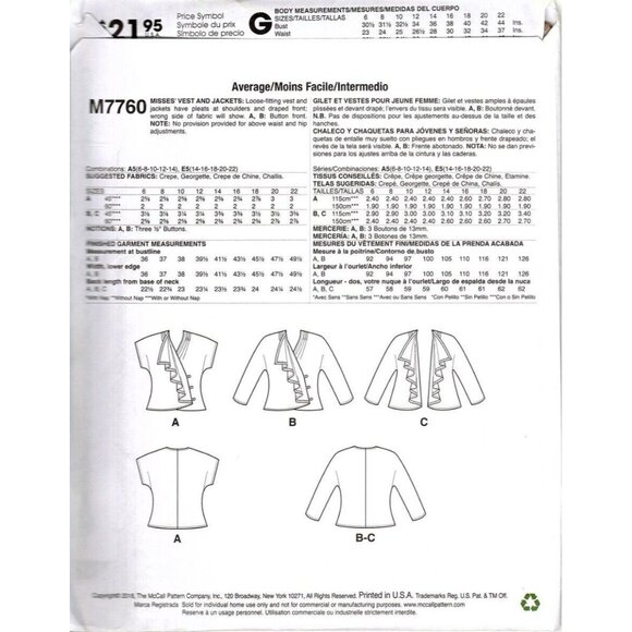 McCall's M7760 Misses 6 to 14 Melissa Watson Jacket and Vest Sewing Pattern - Picture 2 of 2